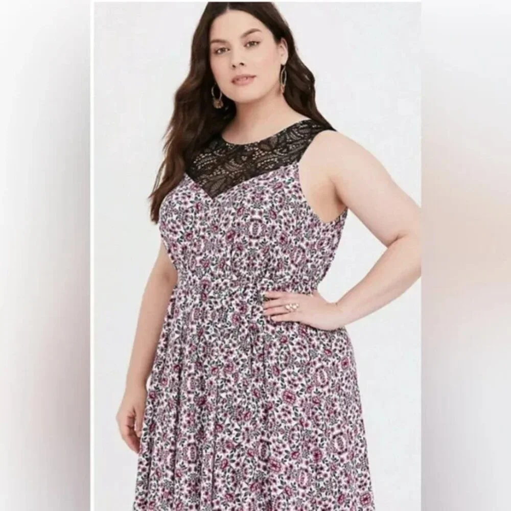 Torrid Pink Floral Lace Yoke Challis Maxi Dress
